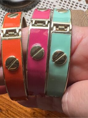 Set of 3 Enamel Screw-Accent Hinged Bracelets - Orange, Pink, Mint
